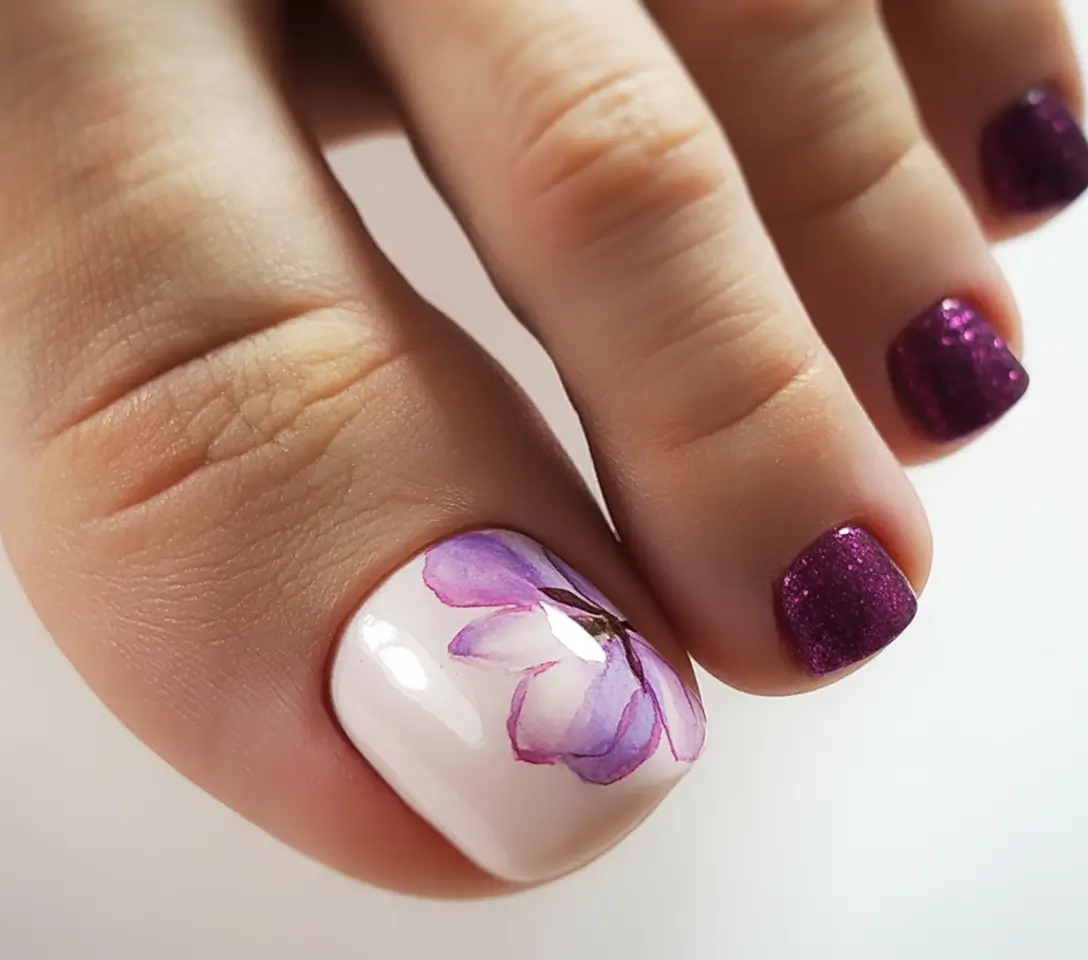 trendy spring toe nails 2026 Soft Purple Floral Pedicure with Elegant Spring Charm