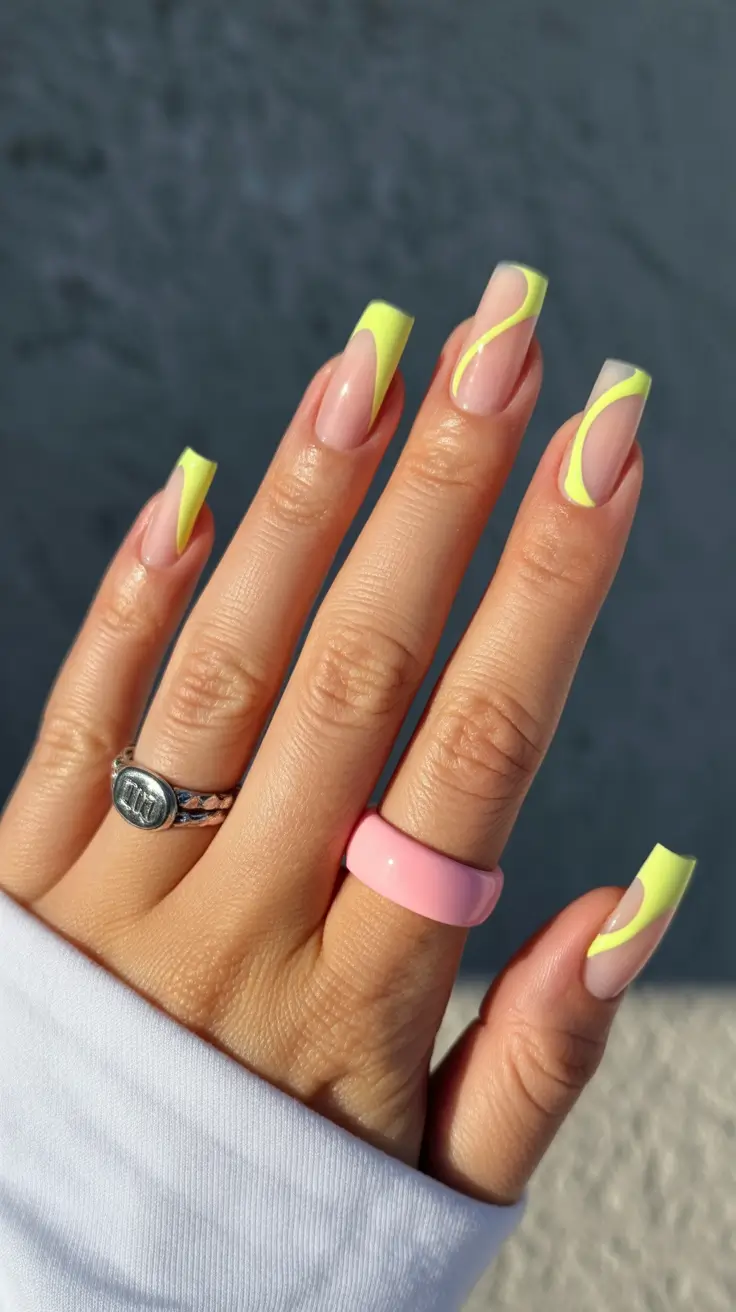 vibrant spring nail design 2026 Neon Lemon French With Modern Flowing Lines