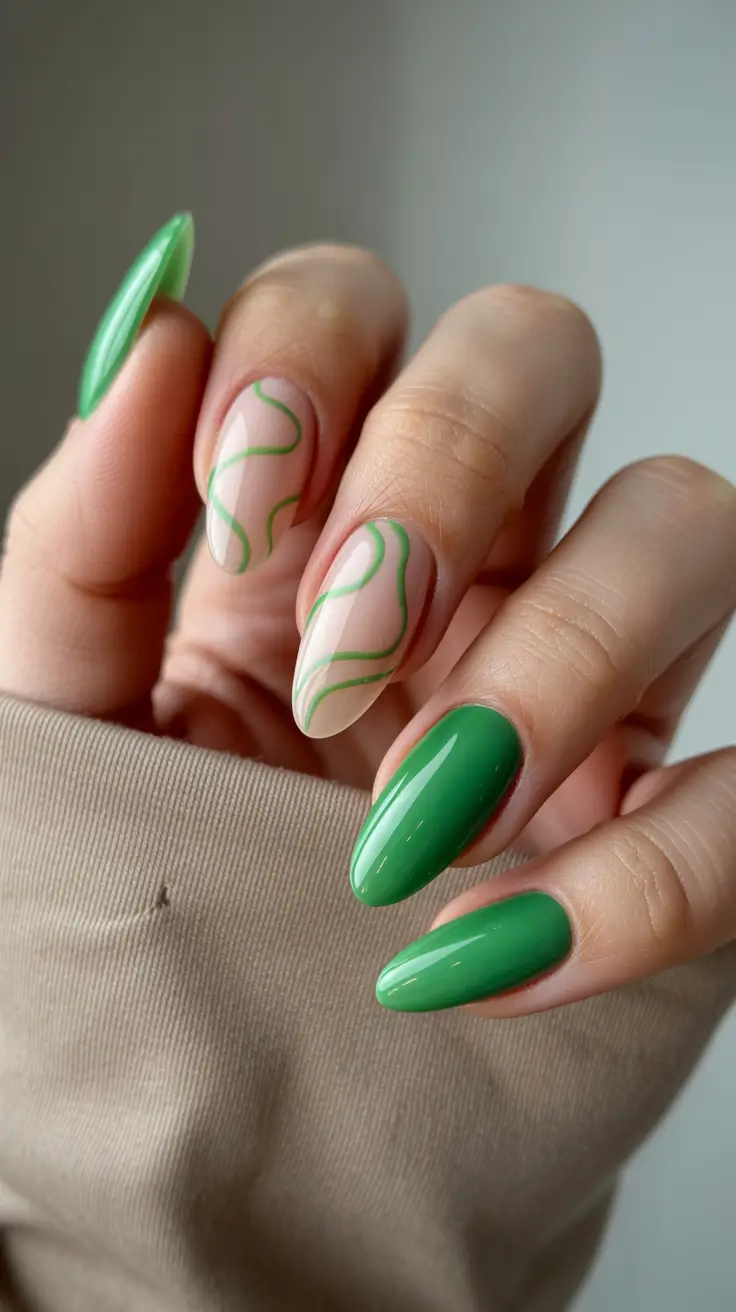 vibrant spring nail design 2026 Fresh Botanical Green With Minimal Wavy Lines