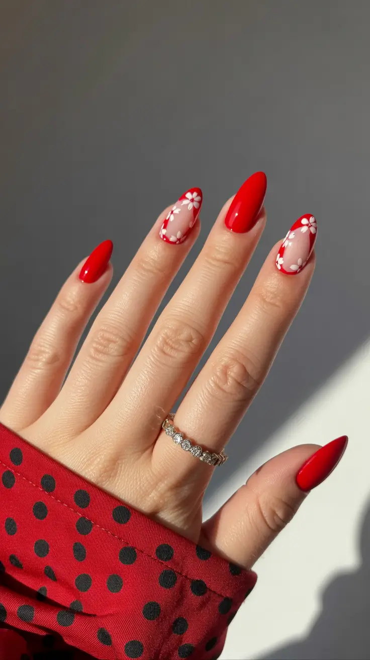 vibrant spring nail design 2026 Bold Red Spring Nails With Delicate Daisy Accents