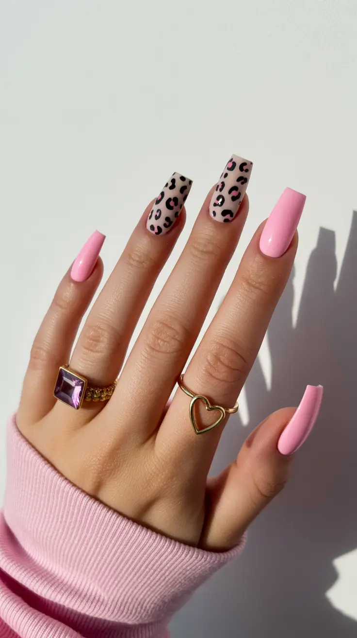 vibrant spring nail design 2026 Soft Pink Nails With Trendy Leopard Accent