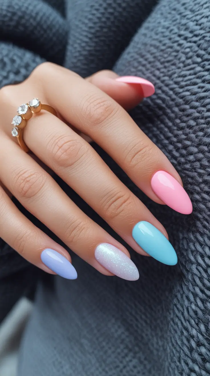 vibrant spring nail design 2026 Pastel Mix Almond Nails With Soft Shimmer Accent