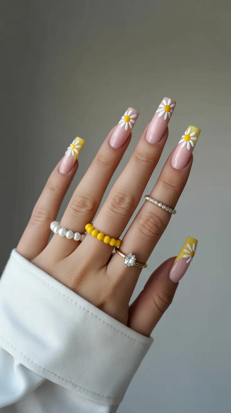 vibrant spring nail design 2026 Yellow Daisy French Tips For Cheerful Spring Days
