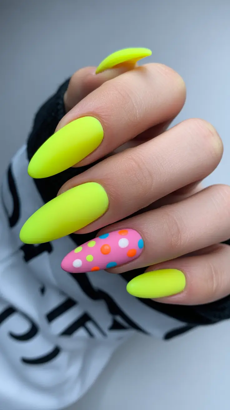 vibrant spring nail design 2026 Neon Lime Almond Nails With Playful Polka Dots