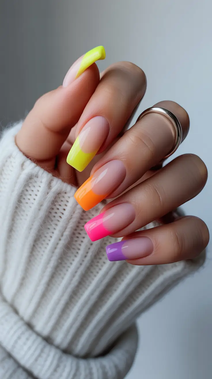 vibrant spring nail design 2026 Neon French Tips With Colorful Spring Energy