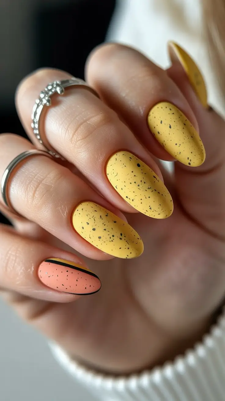 vibrant spring nail design 2026 Soft Speckled Yellow With Playful Accent Detail