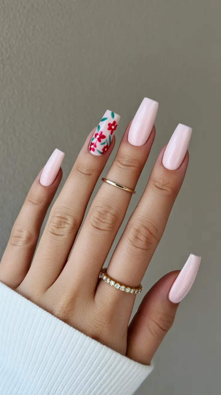 vibrant spring nail design 2026 Light Pink Square Nails With Delicate Floral Accent