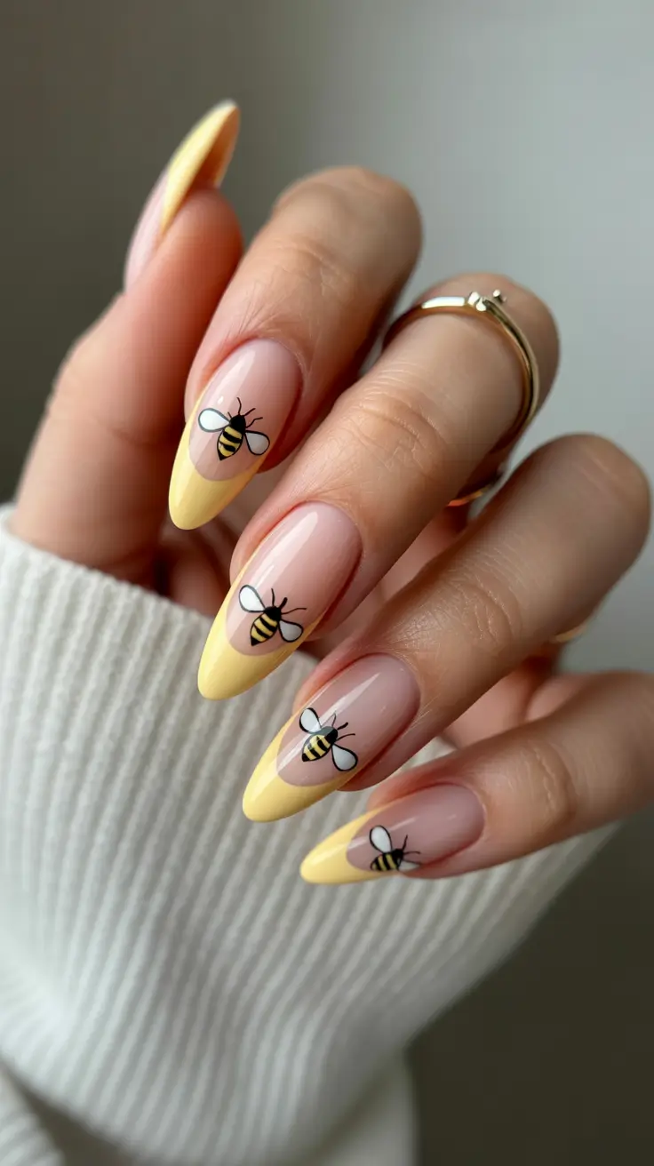 vibrant spring nail design 2026 Playful Bee Nail Art With Sunny Yellow Tips
