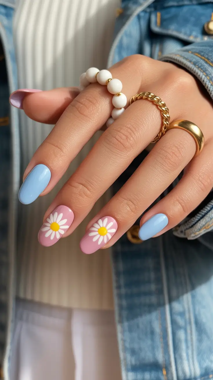 vibrant spring nail design 2026 Playful Daisy Art With Pastel Blue and Pink
