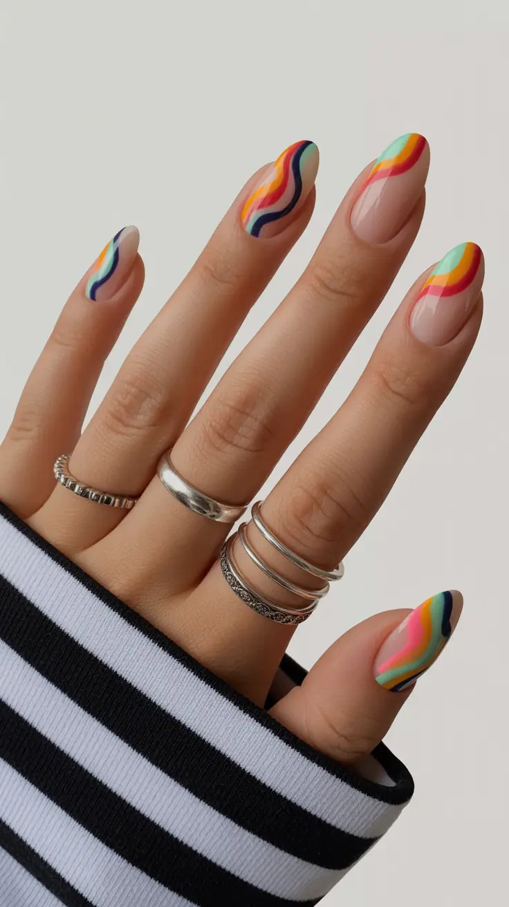 vibrant spring nail design 2026 Colorful Retro Waves With Bright Rainbow Accents