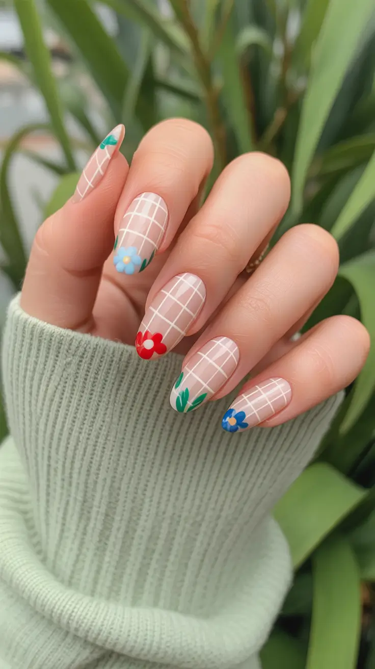 vibrant spring nail design 2026 Playful Floral Grid With Retro Spring Energy
