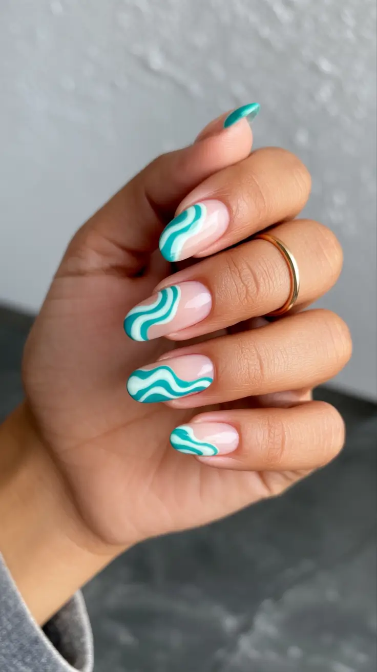 vibrant spring nail design 2026 Ocean Wave Lines In Fresh Turquoise