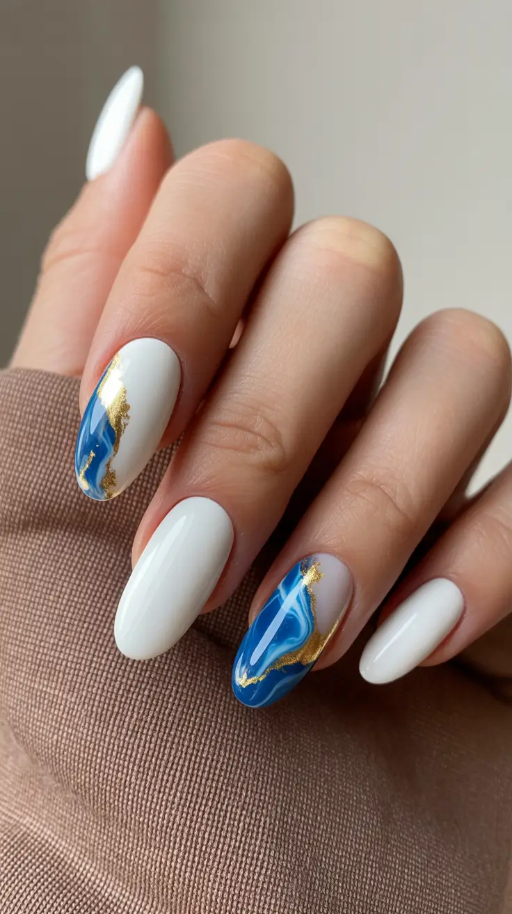 vibrant spring nail design 2026 Elegant Blue Marble With Gold Accent Detail