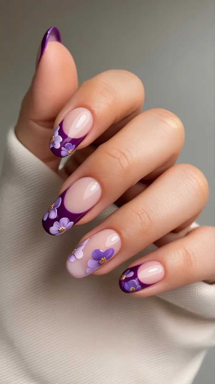 vibrant spring nail design 2026 Purple Floral French With Soft Romantic Touch