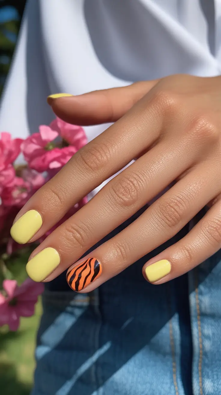summer short nail inspo 2026 Playful Yellow Mix with a Wild Accent