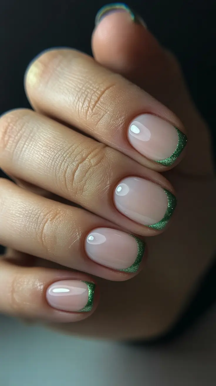 summer short nail inspo 2026 Green French Tips with a Subtle Sparkle